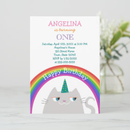 Cute Cat Unicorn Girl 1st Birthday Invitation | Zazzle