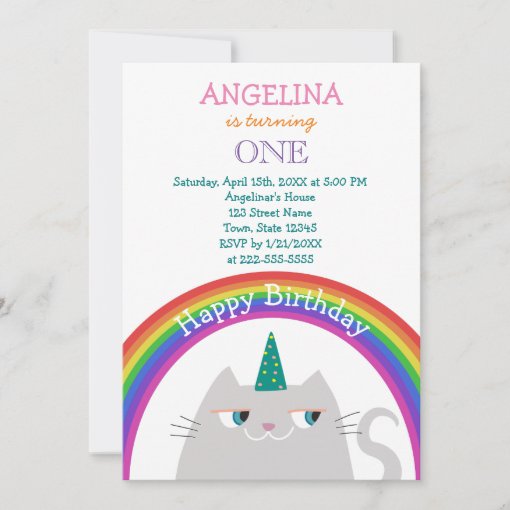 Cute Cat Unicorn Girl 1st Birthday Invitation | Zazzle