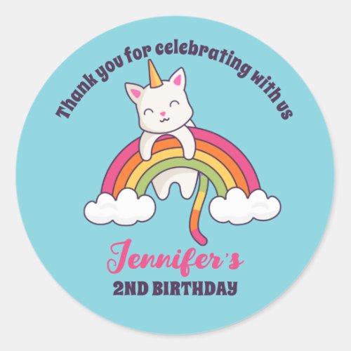 Cute Cat Unicorn Girls Birthday Party Favor Classic Round Sticker