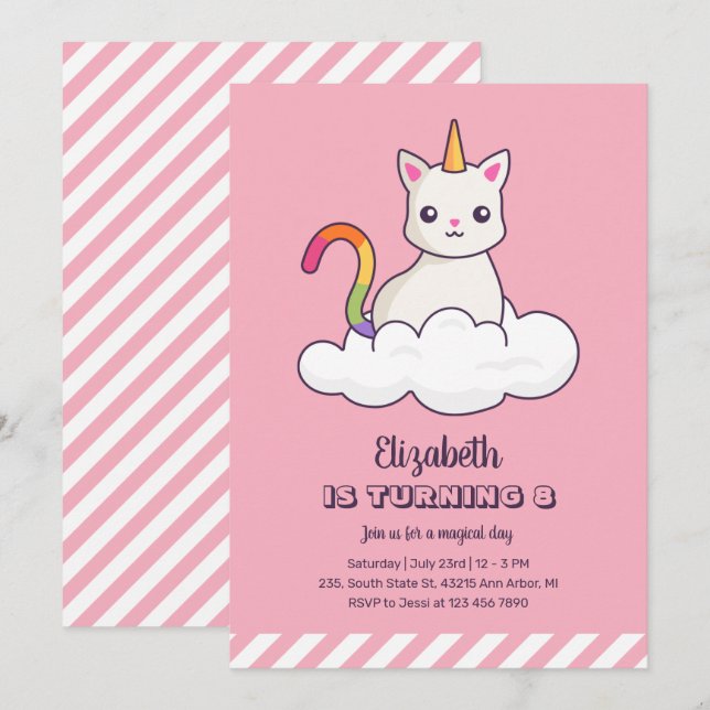 Cute Cat Unicorn on Cloud Girl Birthday Invitation (Front/Back)