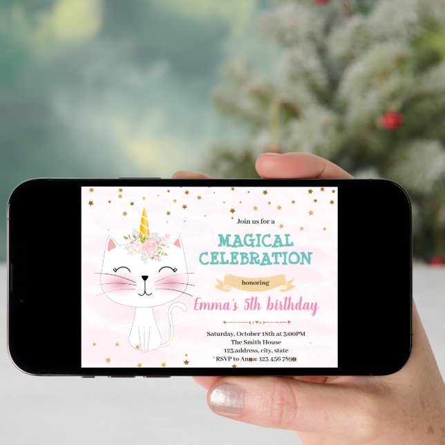 Cute cat unicorn party invitation (Front Digital)