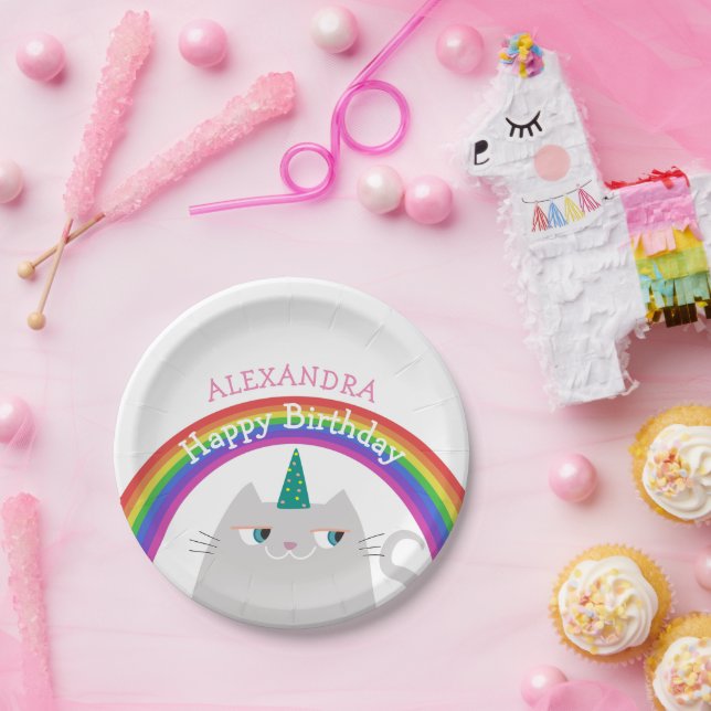 Cute Cat Unicorn Rainbow Birthday Paper Plates (Party)