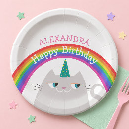 Cute Cat Unicorn Rainbow Birthday Paper Plates