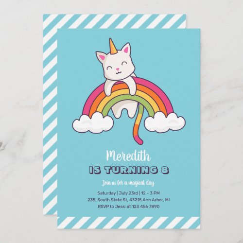 Cute Cat Unicorn Rainbow Girl Birthday Invitation