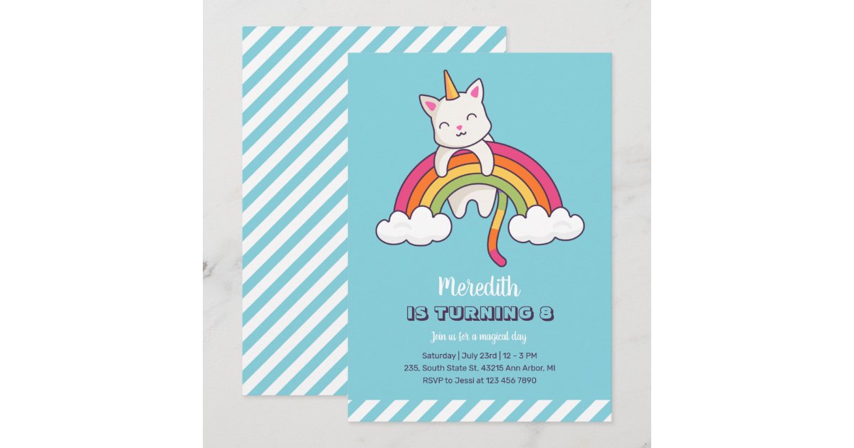 Cute Cat Unicorn Rainbow Girl Birthday Invitation | Zazzle
