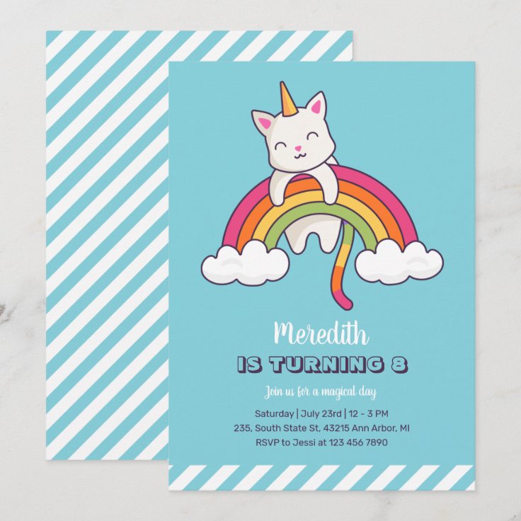 Cute Cat Unicorn Rainbow Girl Birthday Invitation | Zazzle