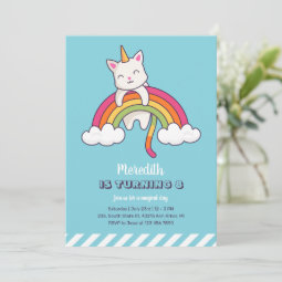 Cute Cat Unicorn Rainbow Girl Birthday Invitation | Zazzle