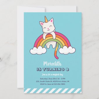 Cute Cat Unicorn Rainbow Girl Birthday Invitation | Zazzle