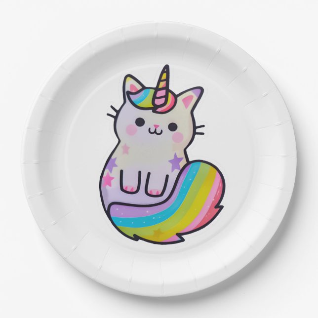 Cute cat unicorn rainbow paper plates (Front)