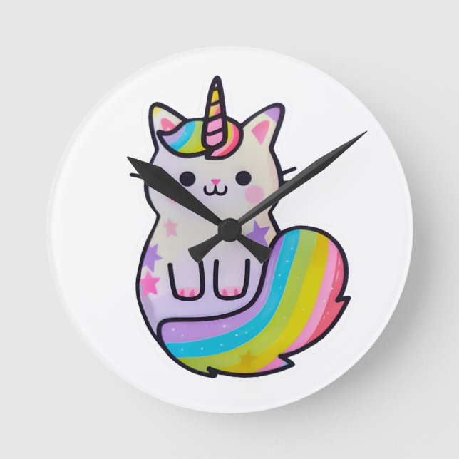 Cute cat unicorn rainbow round clock (Front)