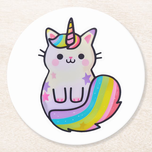 Cute cat unicorn rainbow round paper coaster (Front)