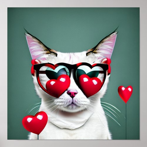 Cute Cat Valentines Day Hearts Glasses Digital Poster