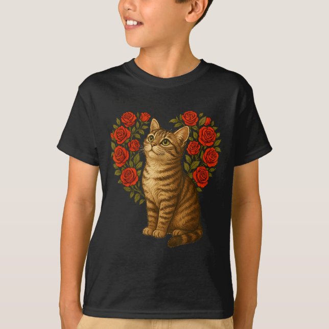 Cute Cat Valentines Floral Heart Funny Cat Lovers  T-Shirt (Front)