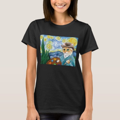 Cute Cat Van Gogh Starry Night artist spoof T_Shirt