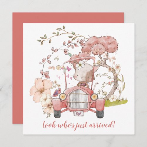 Cute Cat Vintage Car Girl Birth Announcement