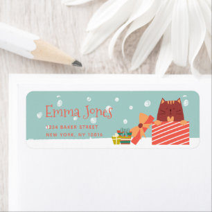 Cute Cat w Christmas Present Aqua Green Christmas  Label