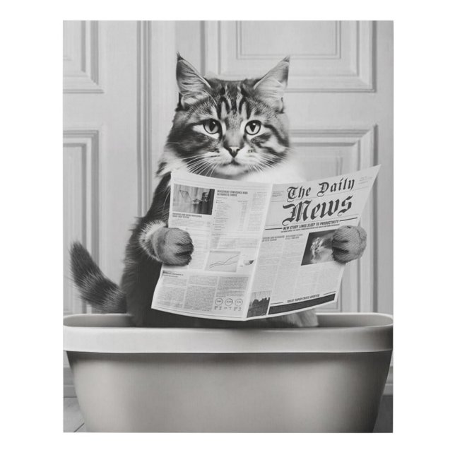 Cute Cat Wall Art, Black and White small Bathroom Faux Canvas Print (Front)