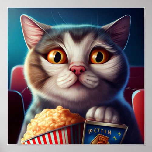 Cute Cat Watching a Movie with Popcorn and Soft Dr Poster