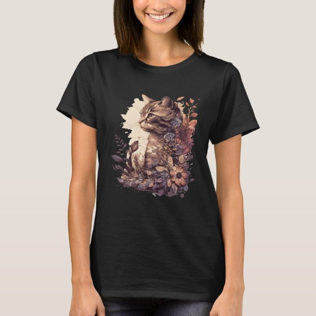 Cute Cat Watercolor Botanical Garden Aesthetic Cat T-Shirt (Front)
