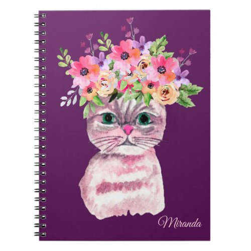 Cute Cat Watercolor Floral Bouquet Magenta Notebook