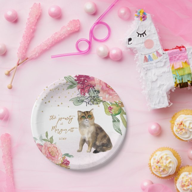 Cute Cat Watercolor Flower Girl Birthday Party Paper Plates (Party)