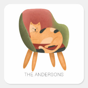 Cute Cat Watercolor Name Square Sticker