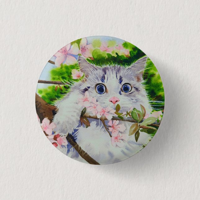 Cute cat watercolor painting button (Front)