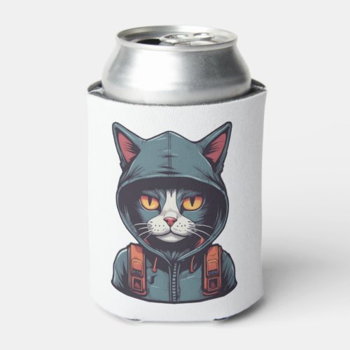 cute cat wearing a green hoody   can cooler