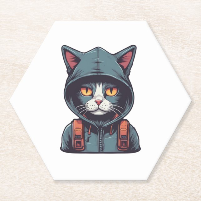 cute cat wearing a green hoody   paper coaster (Front)