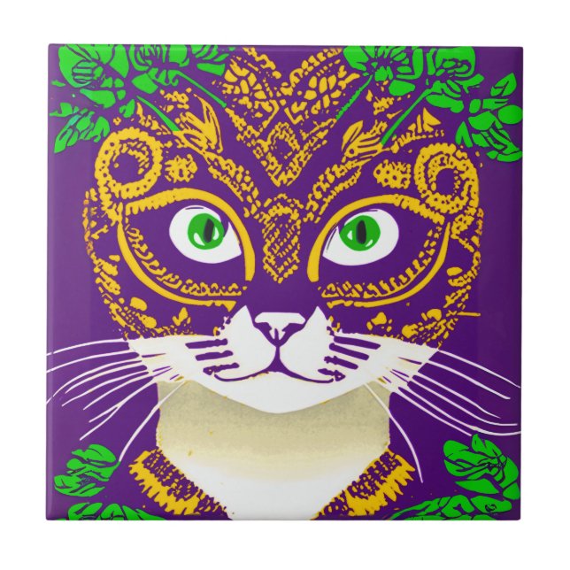 Cute Cat Wearing a Mardi Gras Mask Ceramic Tile (Front)