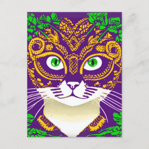 Cute Cat Wearing a Mardi Gras Mask Postcard