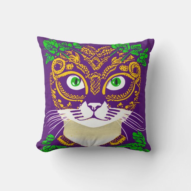 Cute Cat Wearing a Mardi Gras Mask Throw Pillow (Front)