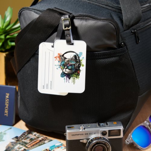 Cute Cat Wearing Glasses and Headset Luggage Tag