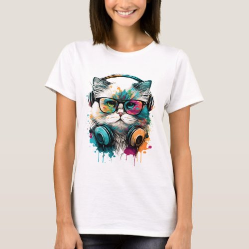 Cute Cat Wearing Glasses  Headset T_Shirt