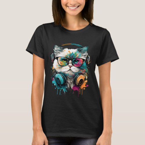 Cute Cat Wearing Glasses  Headset T_Shirt