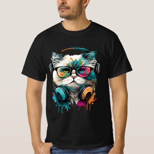 Cute Cat Wearing Glasses  Headset T_Shirt