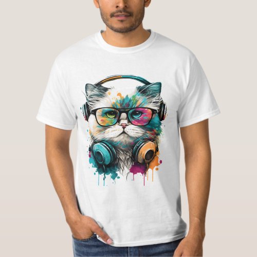 Cute Cat Wearing Glasses  Headset T_Shirt