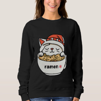 cute cat wearing hat christmas , and eating ramen  sweatshirt
