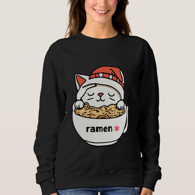 cute cat wearing hat christmas , and eating ramen  sweatshirt (Front)