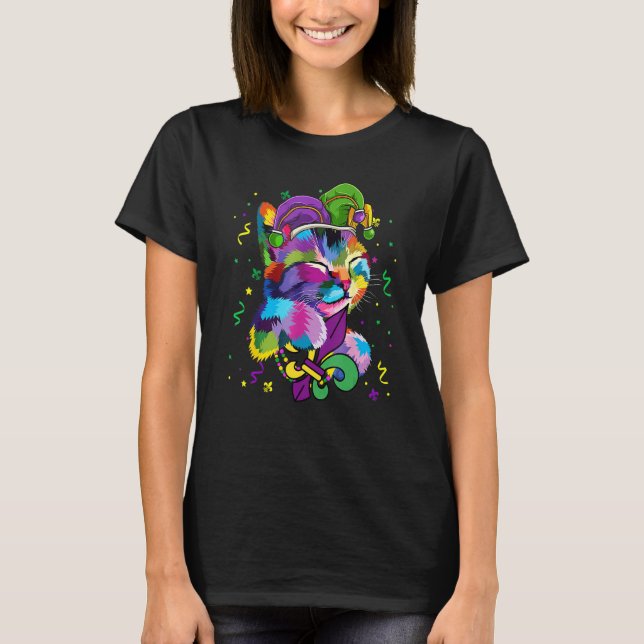 Cute Cat Wearing Mardi Gras Jester Hat Kitten Love T-Shirt (Front)