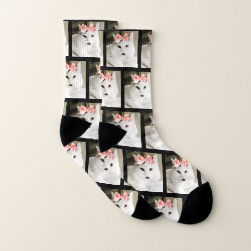 Cute Cat Wearing Pink Bow Custom Pet Photo Socks
