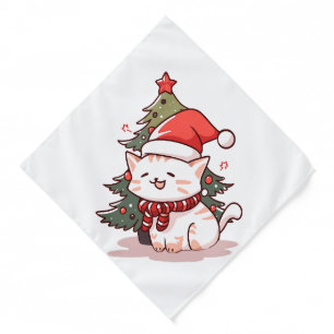 Cute cat wearing Santa hat near Christmas tree Bandana
