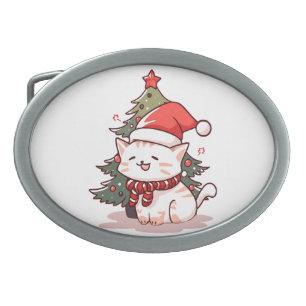 Cute cat wearing Santa hat near Christmas tree Belt Buckle