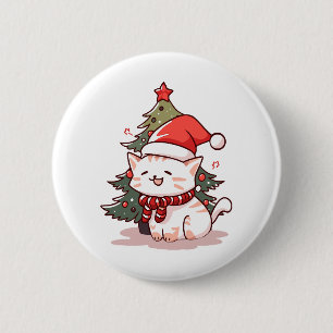 Cute cat wearing Santa hat near Christmas tree Button