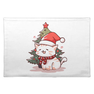 Cute cat wearing Santa hat near Christmas tree Cloth Placemat