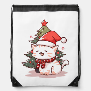 Cute cat wearing Santa hat near Christmas tree Drawstring Bag