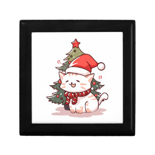 Cute cat wearing Santa hat near Christmas tree Gift Box