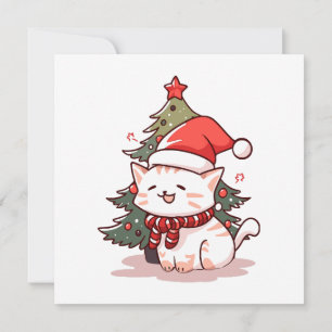 Cute cat wearing Santa hat near Christmas tree Invitation