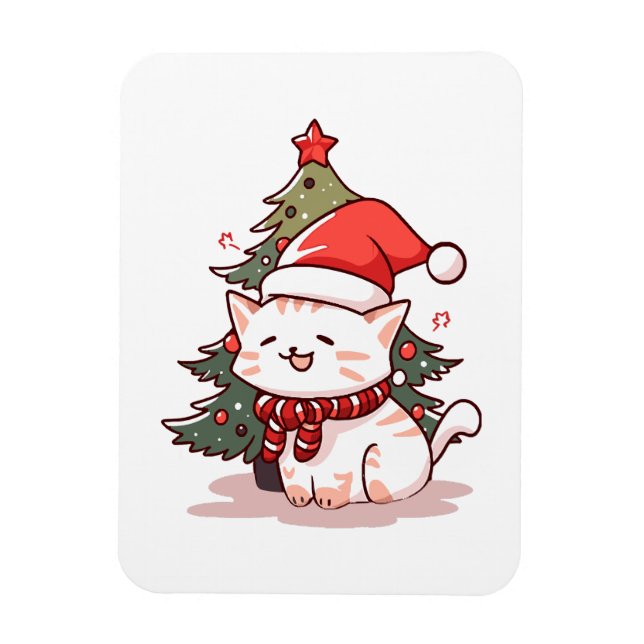 Cute cat wearing Santa hat near Christmas tree Magnet (Vertical)