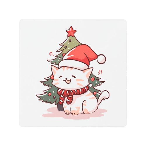 Cute cat wearing Santa hat near Christmas tree Metal Print